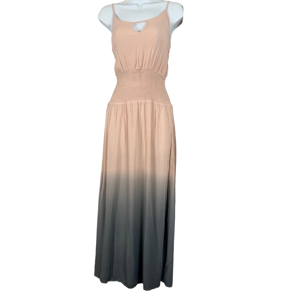 Peach/Pink Grey Ombre Maxi Dress Smocked Waist Keyhole Size Small